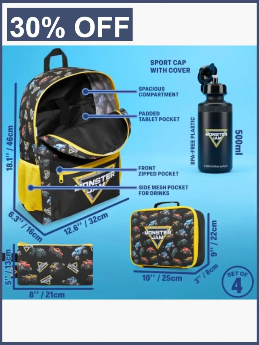 Monster Jam Boys Backpack 4 Piece Set - 18in Bookbag with Lunch Bag, Pencil